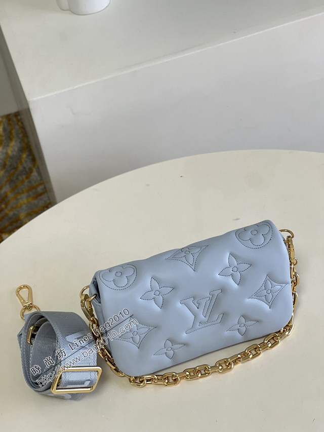 LV專櫃2023新款Wallet on Strap手袋 M81399藍 路易威登Bubblegram系列牛皮壓花鏈條肩背包 dn1207